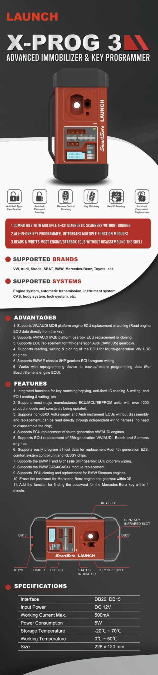 جهاز LAUNCH X-431 Xprog3 المتكامل لبرمجة المفاتيح، قراءة EEPROM، وبرمجة وحدات التحكم الإلكترونية (ECU).