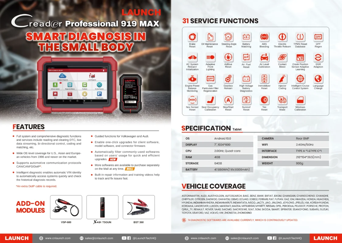 جهاز LAUNCH X431 CRP 919 Max وملحقاته المتنوعة، تُعرض بشكل منظم لبيان قدراته الفنية العالية وشمولية استخدامه.