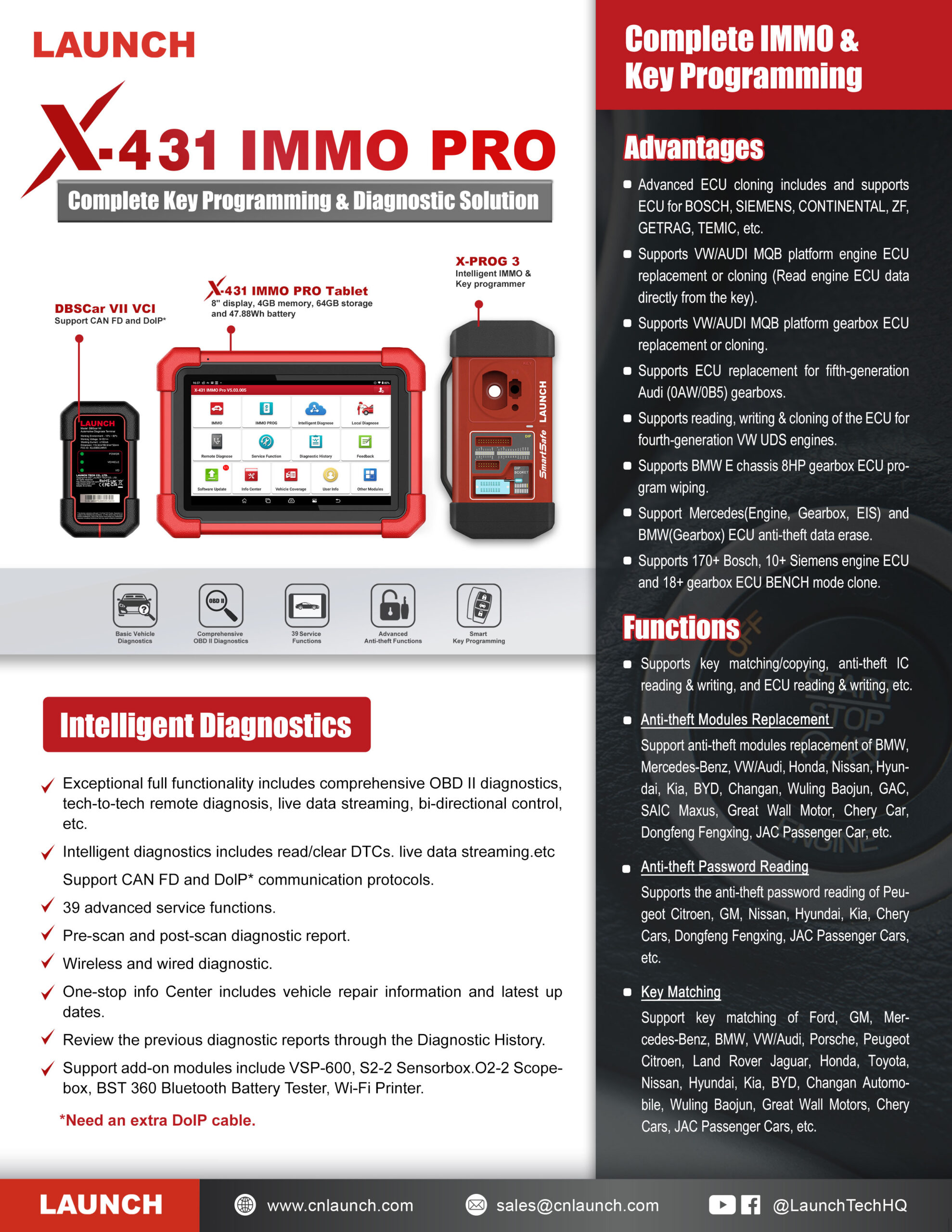 صورة تعرض المواصفات التقنية التفصيلية لجهاز LAUNCH X431 IMMO PRO، بما في ذلك الأداء، الذاكرة، وقدرات الاتصال.